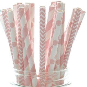 Food With Fashion Baby Girl Pink Baby Shower Straws (25 Pack) - Baby Shower Supplies, Princess Girls Birthday Party Straws, Stripe Chevron & Polka Dot Light Pink Paper Straws