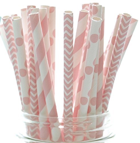 Food With Fashion Baby Girl Pink Baby Shower Straws (25 Pack) - Baby Shower Supplies, Princess Girls Birthday Party Straws, Stripe Chevron & Polka Dot Light Pink Paper Straws