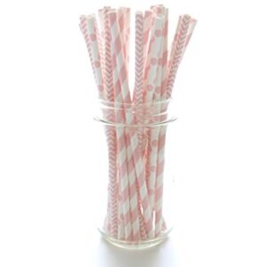 Food With Fashion Baby Girl Pink Baby Shower Straws (25 Pack) - Baby Shower Supplies, Princess Girls Birthday Party Straws, Stripe Chevron & Polka Dot Light Pink Paper Straws