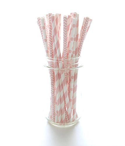 Food With Fashion Baby Girl Pink Baby Shower Straws (25 Pack) - Baby Shower Supplies, Princess Girls Birthday Party Straws, Stripe Chevron & Polka Dot Light Pink Paper Straws