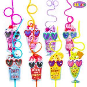 valentines day gifts for kids - valentines day cards for kids - set of 32 crazy straws bulk - valentine exchange cards for girls boys toddlers school class classroom party favors