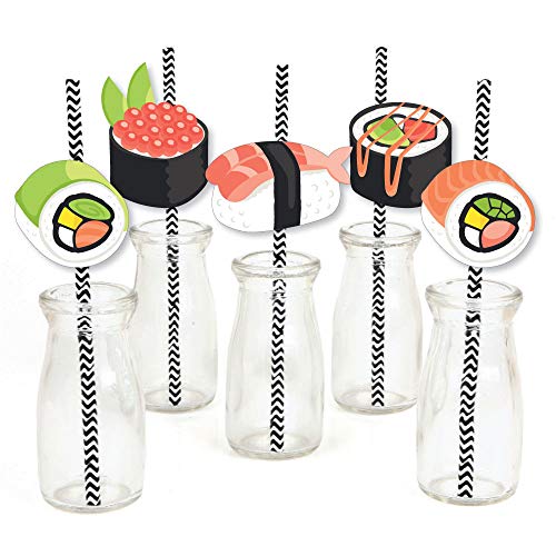 Let's Roll - Sushi - Paper Straw Decor - Japanese Party Striped Decorative Straws - Set of 24