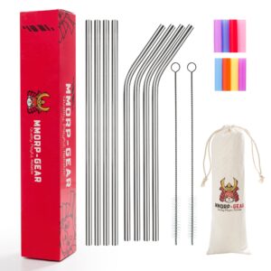 mmorp-gear stainless steel straws with silicone tips - reusable straw set with 4 straight metal straws, 4 long bendy drinking straws, 8 colored tips, 2 pieces straw cleaner brush & 1 travel pouch