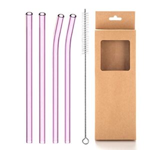 reusable glass straws, 8mm straight bent glass drinking straws, 4 pcs straws with cleaning brush, bpa free eco friendly glass straws for beverages, shakes, milk tea, juices, cocktail (pink)