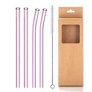 Reusable Glass Straws, 8mm Straight Bent Glass Drinking Straws, 4 Pcs Straws with Cleaning Brush, BPA Free Eco Friendly Glass Straws for Beverages, Shakes, Milk Tea, Juices, Cocktail (Pink)