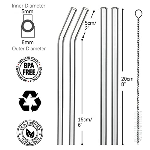 Reusable Glass Straws, 8mm Straight Bent Glass Drinking Straws, 4 Pcs Straws with Cleaning Brush, BPA Free Eco Friendly Glass Straws for Beverages, Shakes, Milk Tea, Juices, Cocktail (Pink)