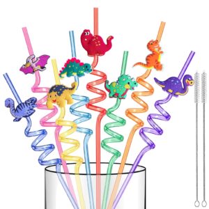 reusable dinosaur straws party favors - 16 pcs plastic dinosaur straws crazy straws for kids safari jungle dino dinosaur theme birthday party decorations supplies with clean brushes (dino)