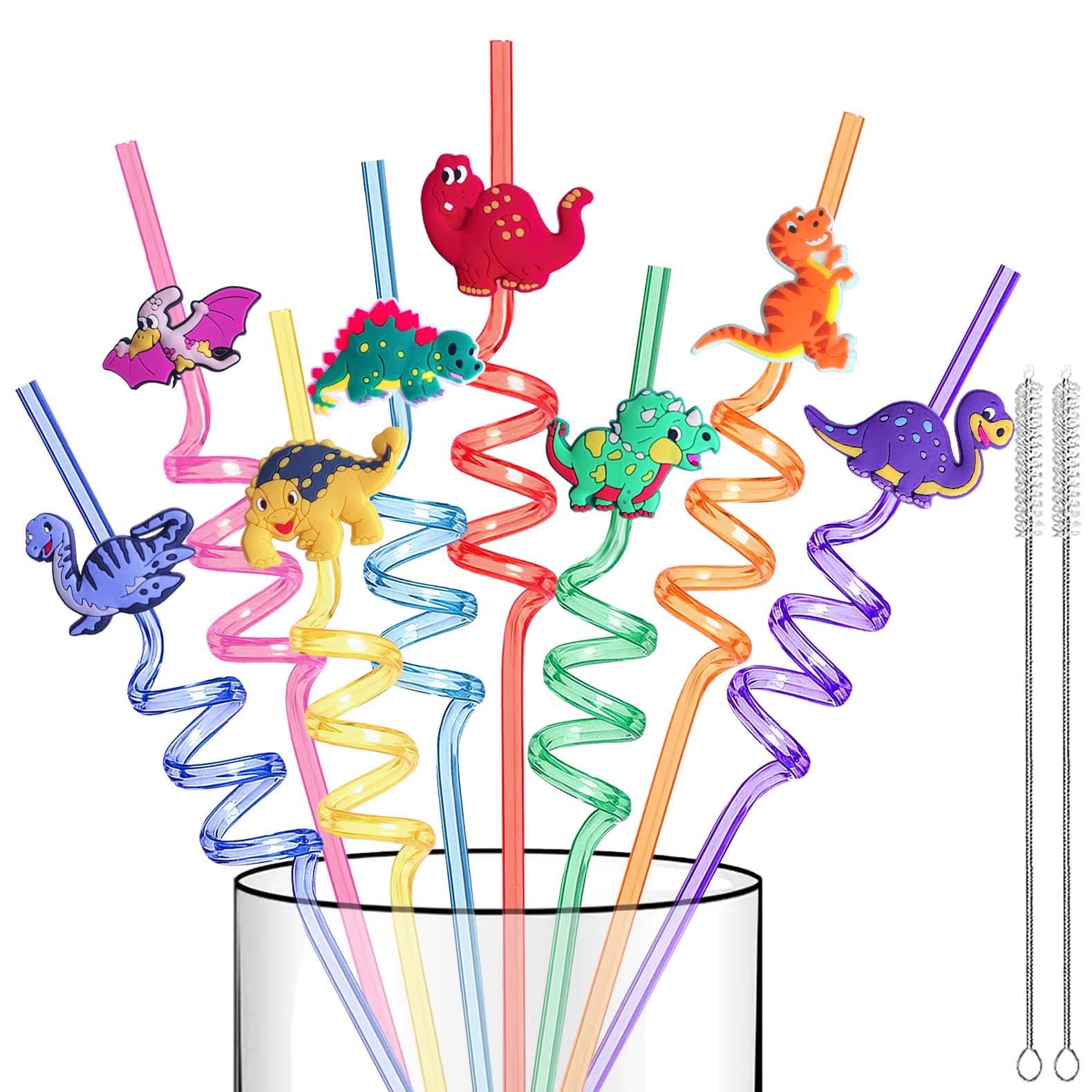 Reusable Dinosaur Straws Party Favors - 16 Pcs Plastic Dinosaur Straws Crazy Straws for Kids Safari Jungle Dino Dinosaur Theme Birthday Party Decorations Supplies with Clean Brushes (Dino)