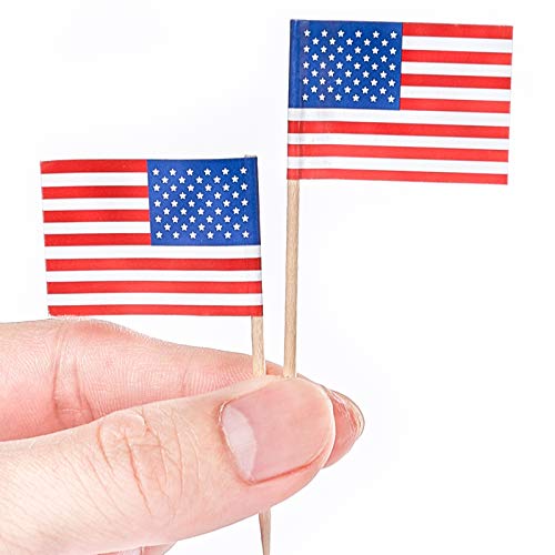 PartyWoo, 100 Counts Wooden Toothpicks for Appetizers, Skewers, Cocktail Sticks, Food Pick, BBQ, Memorial Day Decorations Flag, 2.5 inch, American Flag-1172