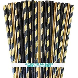 black and gold foil paper drinking straws - stripe and solid - 7.75 inches - 100 pack - outside the box papers brand