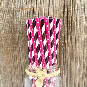 Outside the Box Papers Diva Theme Stripe and Polka Dot Paper Straws 7.75 Inches 100 Pack Hot Pink, Black, White