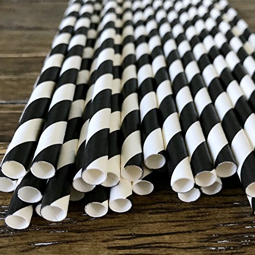 Outside the Box Papers Diva Theme Stripe and Polka Dot Paper Straws 7.75 Inches 100 Pack Hot Pink, Black, White