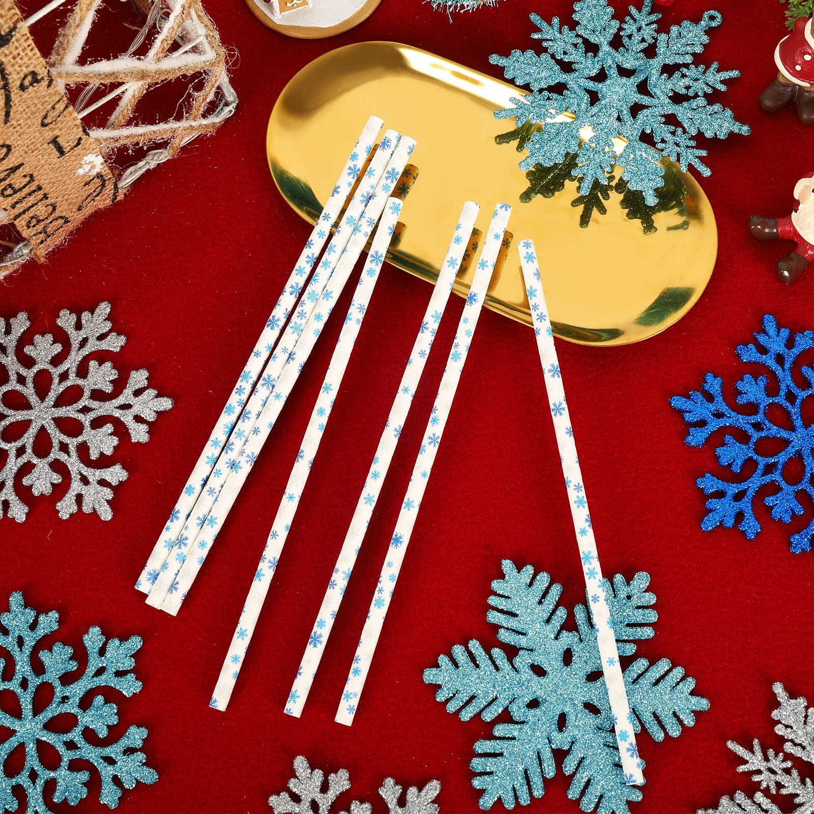 Whaline 200Pcs Winter Paper Straws Snowflake Disposable Straw for Winter Holiday Xmas Beverage Cocktail Birthday Home Party Supplies