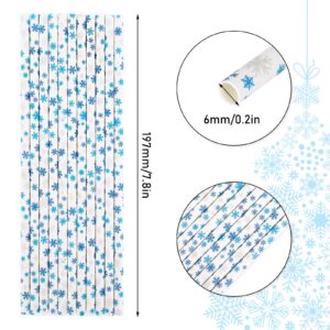 Whaline 200Pcs Winter Paper Straws Snowflake Disposable Straw for Winter Holiday Xmas Beverage Cocktail Birthday Home Party Supplies