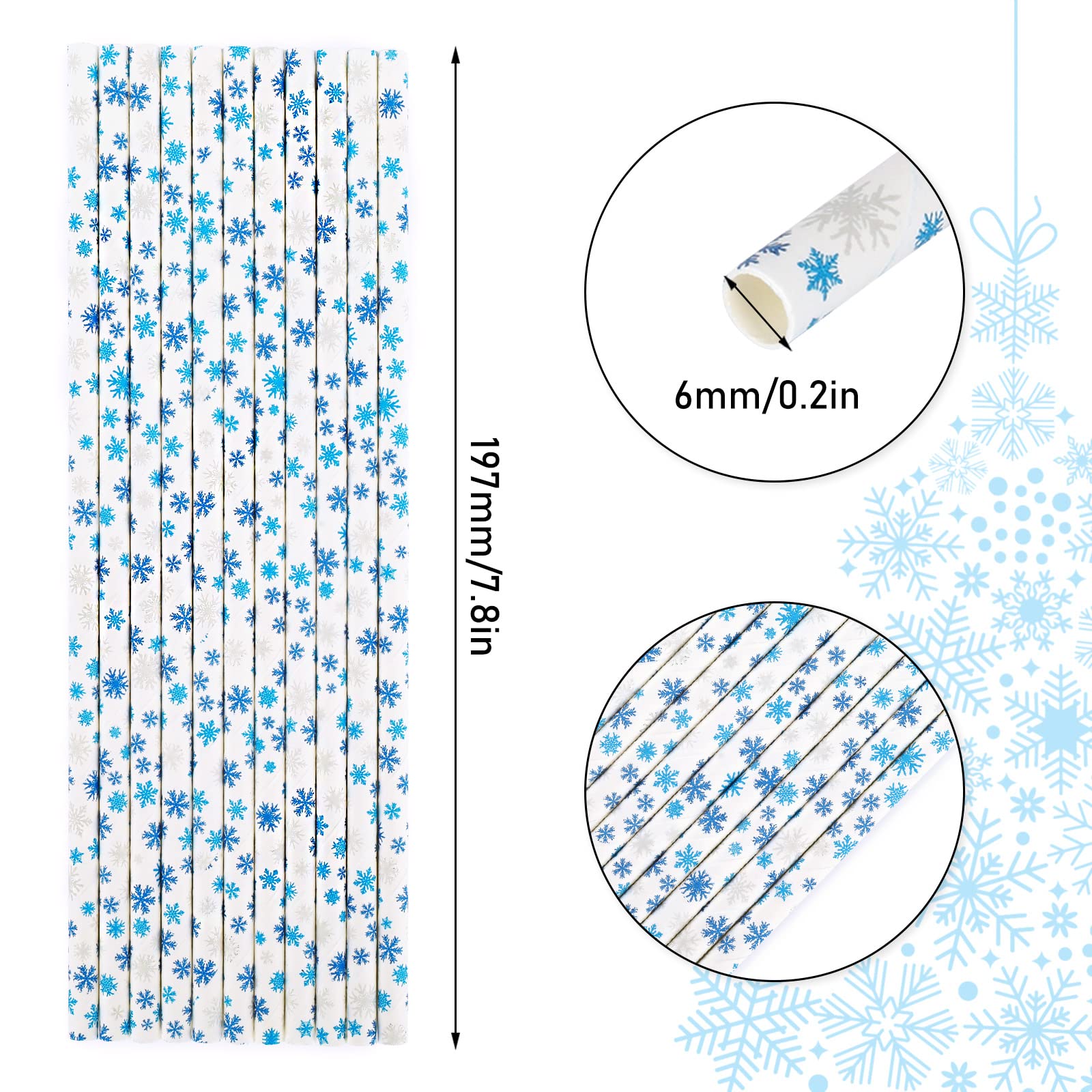 Whaline 200Pcs Winter Paper Straws Snowflake Disposable Straw for Winter Holiday Xmas Beverage Cocktail Birthday Home Party Supplies