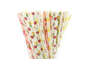 festive fruit straws (25 pack) - watermelon, lemon, strawberry, cherry and pineapple straws. summer party paper straws, beach party, pool party, tropical straws, bbq party supplies,
