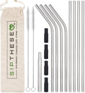 sipthese 8 pc stainless steel straws with bonus collapsible straw. 2 straw cleaning brush, 8 metal straws. stainless steel straws with silicone tips. 1 travel bag. eco friendly reusable straws