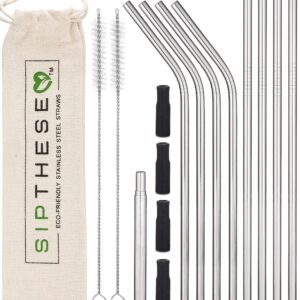 SipThese 8 pc Stainless Steel Straws With Bonus Collapsible Straw. 2 Straw Cleaning Brush, 8 Metal Straws. Stainless Steel Straws With Silicone Tips. 1 Travel Bag. Eco Friendly Reusable Straws