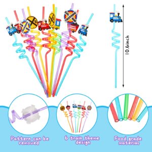 36 Pcs Train Drinking Straws Reusable Plastic Straws Train Birthday Party Supplies Train Party Favors Train Railroad Crossing Theme Cocktail Straws with Cartoon Decoration for Kids, 6 Designs