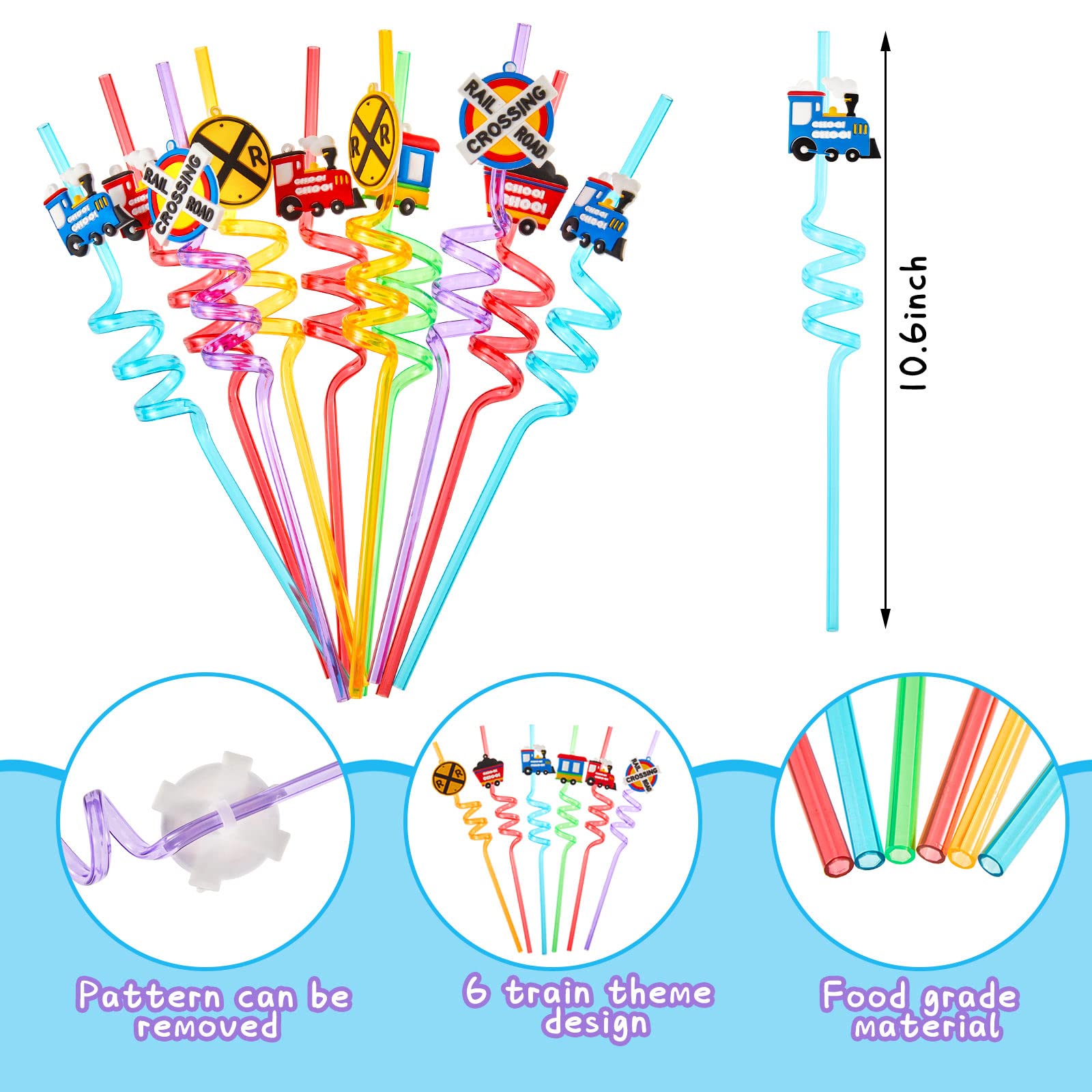 36 Pcs Train Drinking Straws Reusable Plastic Straws Train Birthday Party Supplies Train Party Favors Train Railroad Crossing Theme Cocktail Straws with Cartoon Decoration for Kids, 6 Designs