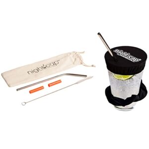 nightcap drink cover scrunchie and straw kit bundle - the drink spiking prevention scrunchie as seen on shark tank with 2 stainless steel straws, straw brush, 2 silicone tips, & stylish duvet pouch