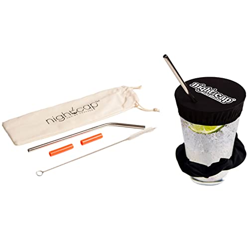 NightCap Drink Cover Scrunchie and Straw Kit Bundle - The Drink Spiking Prevention Scrunchie As Seen on Shark Tank with 2 Stainless Steel Straws, Straw Brush, 2 Silicone Tips, & Stylish Duvet Pouch