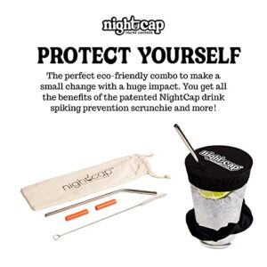 NightCap Drink Cover Scrunchie and Straw Kit Bundle - The Drink Spiking Prevention Scrunchie As Seen on Shark Tank with 2 Stainless Steel Straws, Straw Brush, 2 Silicone Tips, & Stylish Duvet Pouch