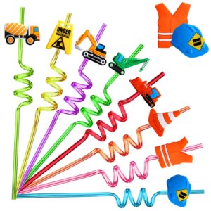 24 pcs construction drinking straws reusable excavator bulldozer blender truck plastic beverages cocktail straw with cartoon decoration for kids construction party supplies favors, 8 styles