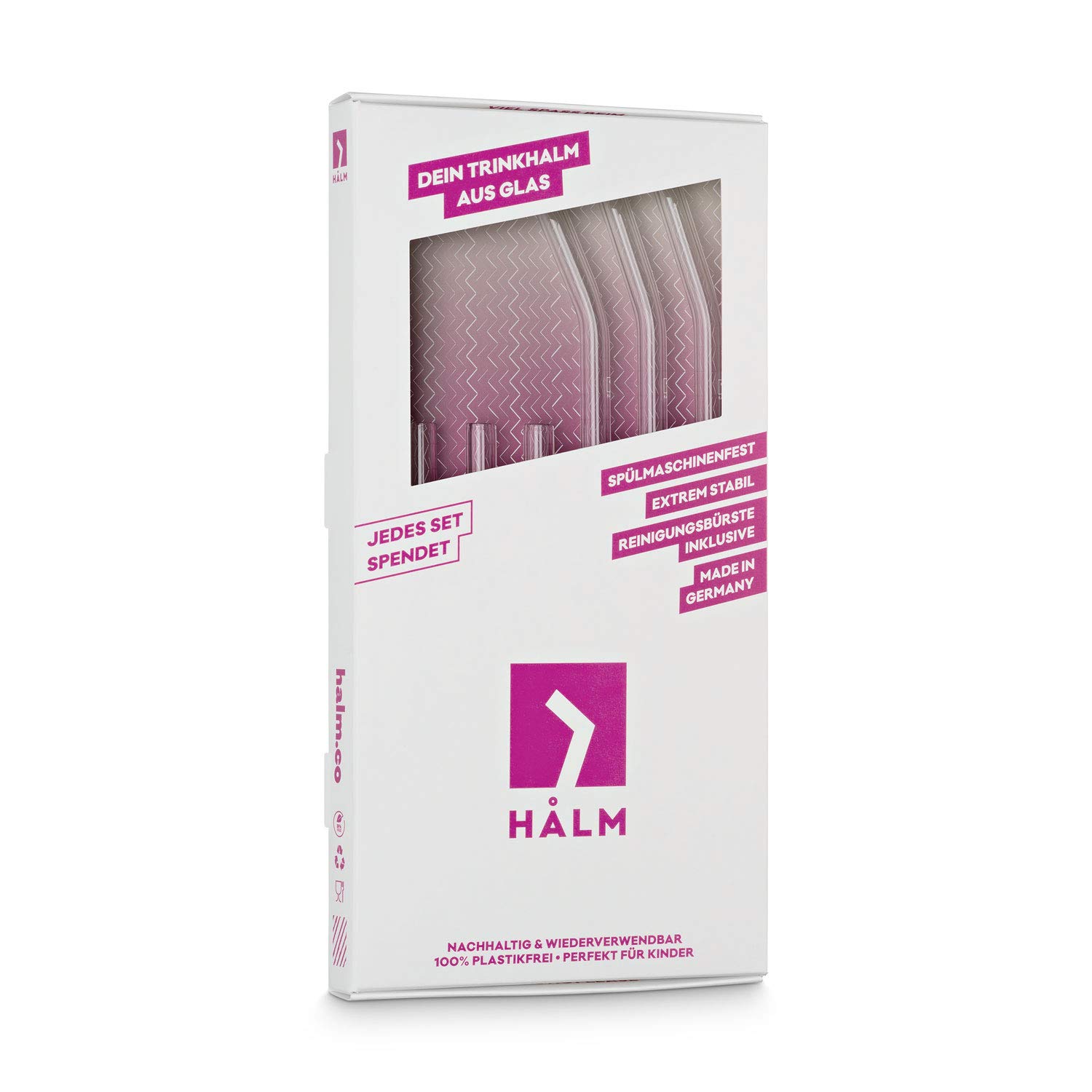 HALM Glass Straws - Variety Pack: 6 Reusable Drinking Straws in 2 Sizes + Plastic-Free Cleaning Brush - Made in Germany - Dishwasher Safe - Eco-Friendly - Perfect for Smoothies, Cocktails