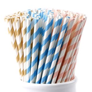 webake biodegradable paper straws 150 bulk, pastel pink baby blue brown striped drinking straws for birthday, boy girl baby shower, gender reveal, wedding party suppliers & decorations