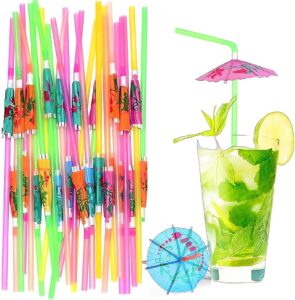 qumeney 100pcs umbrella drinking straws, plastic party drink straws, tropical hawaiian flexible bendy cocktail straws beach luau bar birthday decorations supplies for drinkware