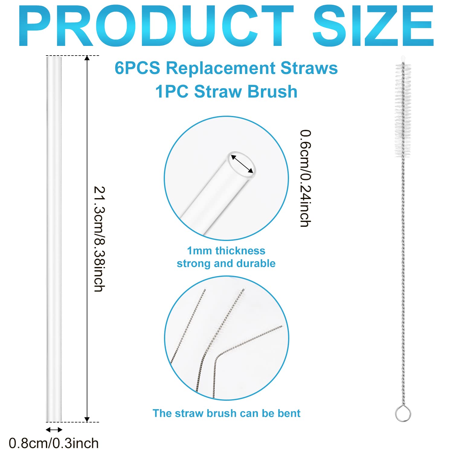 Straws Set for Yeti Rambler Bottle, Including 6pcs Replacement Straws and 1pc Cleaning Brush, 8.39 inch Length Cuttable Drinking Straws Reusable Replacement Straws