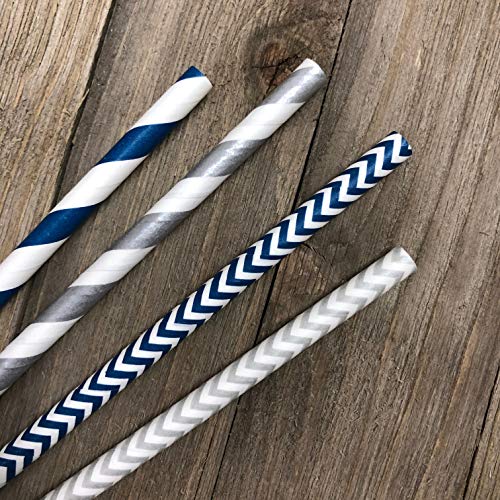 Outside the Box Papers Navy Blue and Silver Chevron and Striped Paper Straws 7.75 Inches 100 Pack Navy Blue, Silver