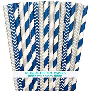 outside the box papers navy blue and silver chevron and striped paper straws 7.75 inches 100 pack navy blue, silver