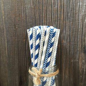 Outside the Box Papers Navy Blue and Silver Chevron and Striped Paper Straws 7.75 Inches 100 Pack Navy Blue, Silver