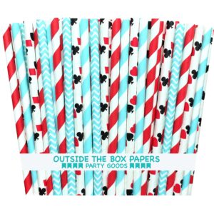 outside the box papers alice in wonderland theme stripe and card design paper drinking straws 7.75 inches 100 pack red, white, light blue, black