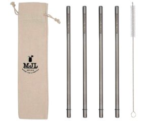 long safer rounded end stainless steel metal straws for large cups, tall glasses, or quart mason jars (4 pack + cleaning brush + bag)