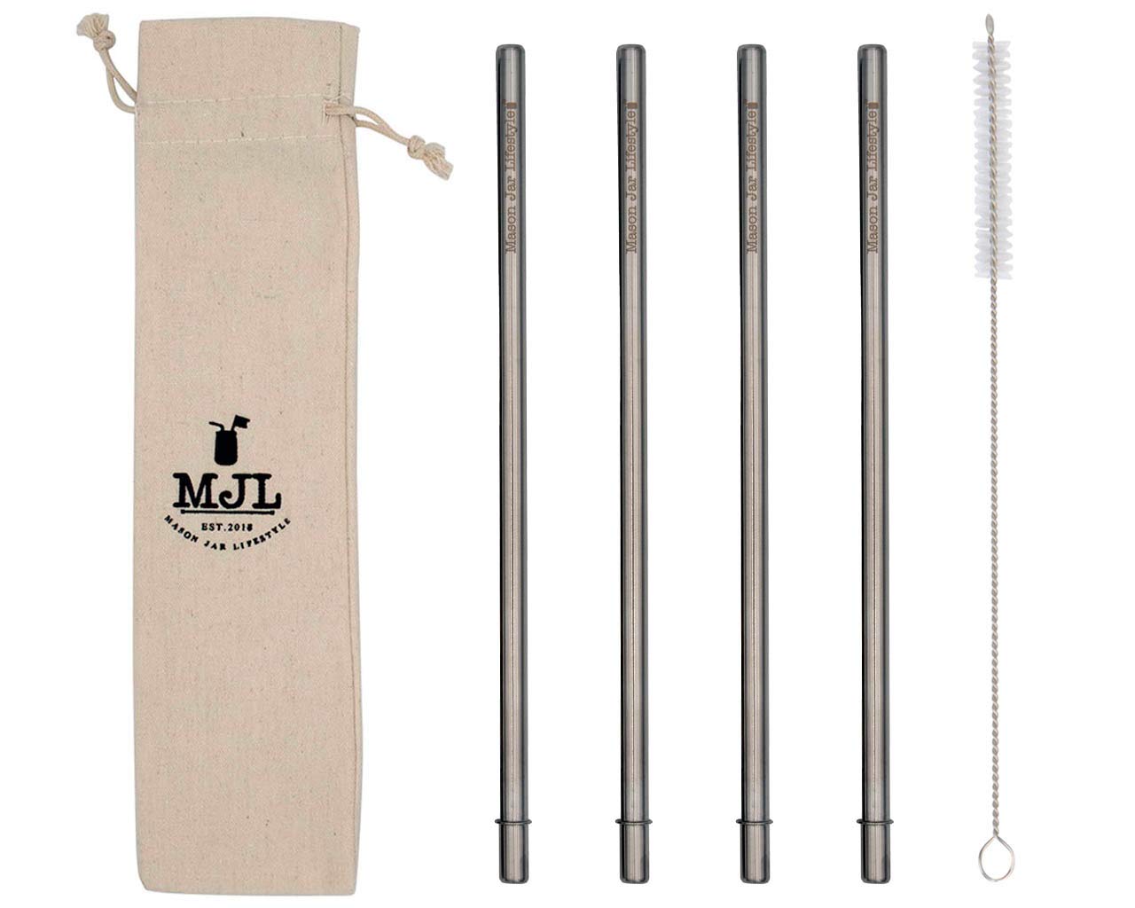 Long Safer Rounded End Stainless Steel Metal Straws for Large Cups, Tall Glasses, or Quart Mason Jars (4 Pack + Cleaning Brush + Bag)