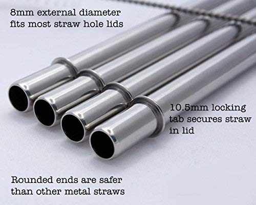 Long Safer Rounded End Stainless Steel Metal Straws for Large Cups, Tall Glasses, or Quart Mason Jars (4 Pack + Cleaning Brush + Bag)