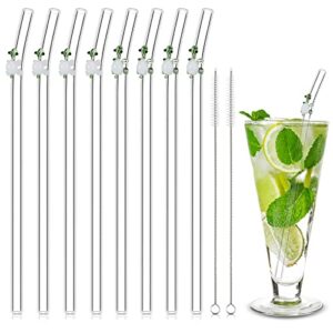 8 pcs reusable glass straws with 2 cleaning brushes, 8 mm x 7.9 inch bent glass turtle straws colorful turtle on clear straws for smoothie cocktail juice shakes beverages