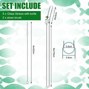 8 Pcs Reusable Glass Straws with 2 Cleaning Brushes, 8 mm x 7.9 Inch Bent Glass Turtle Straws Colorful Turtle on Clear Straws for Smoothie Cocktail Juice Shakes Beverages