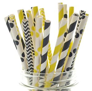 bumblebee paper straws, black & yellow drinking straws (25 pack) - summer honey bee party supplies - stripe, polka dot, chevron straws