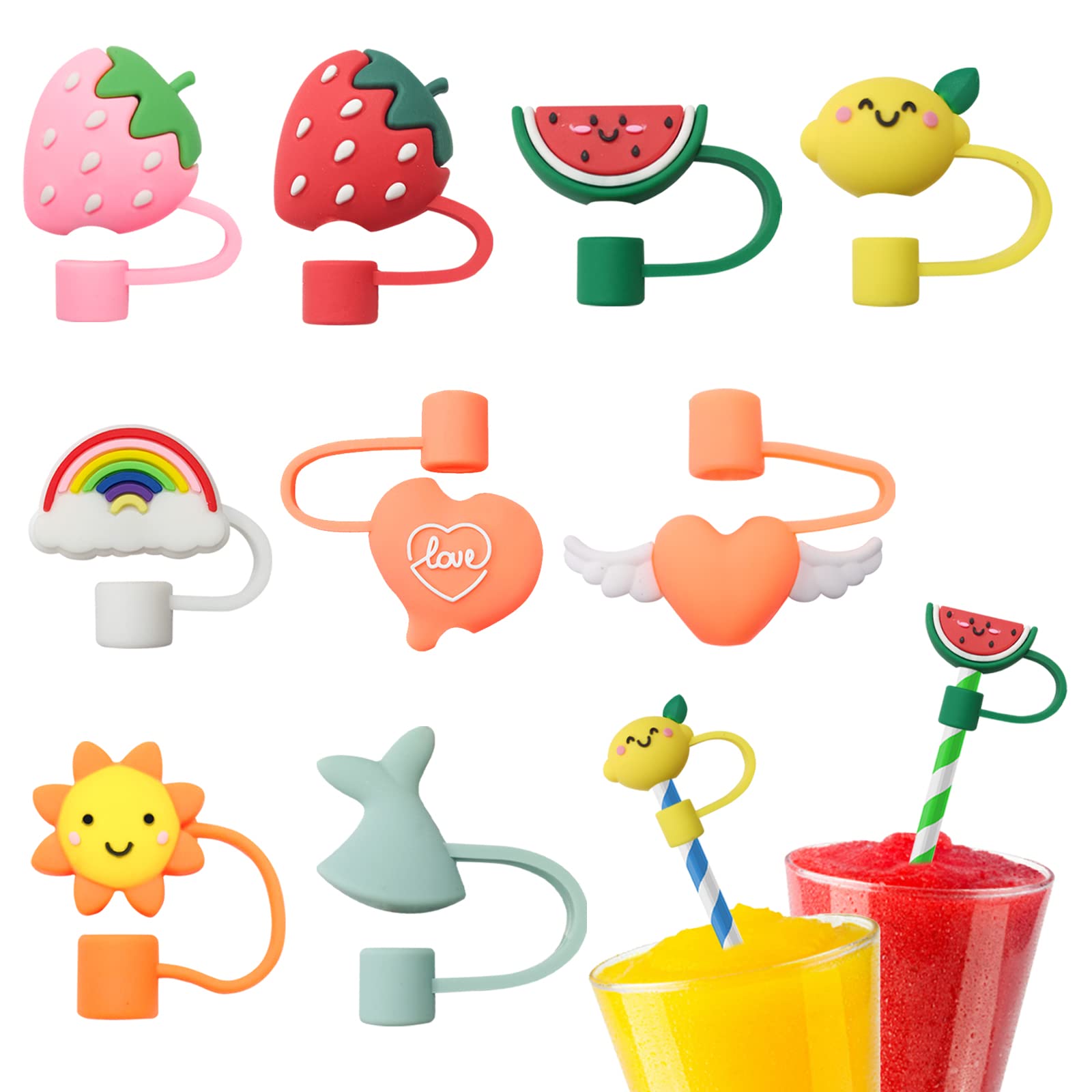 Yanmucy 9 Pieces Straw Cover Cute Reusable Silicone Straw Topper Fruit Plant Animals Dust-proof Straw Plugs for 6-8 mm Drinking Straws (1)