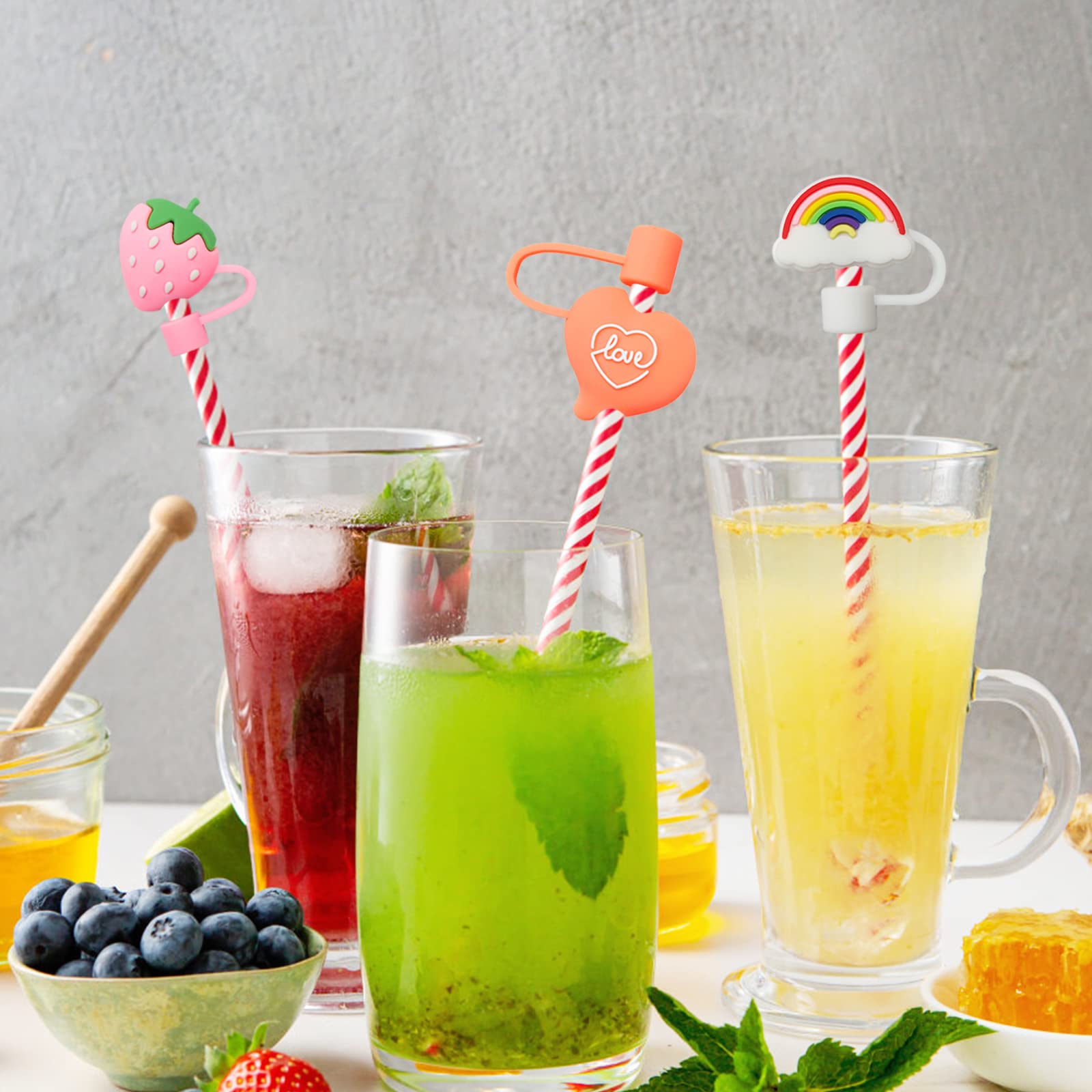 Yanmucy 9 Pieces Straw Cover Cute Reusable Silicone Straw Topper Fruit Plant Animals Dust-proof Straw Plugs for 6-8 mm Drinking Straws (1)