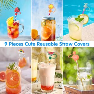 Yanmucy 9 Pieces Straw Cover Cute Reusable Silicone Straw Topper Fruit Plant Animals Dust-proof Straw Plugs for 6-8 mm Drinking Straws (1)