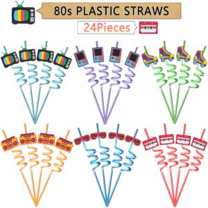 80s Party Favors Decorations 80s Straws 24pcs 80s Party Supplies Reusable 80s Plastic Straws for 80s Birthday Party, Back to 80s, Retro, Neon, Hip Hop Party Decorations Favors
