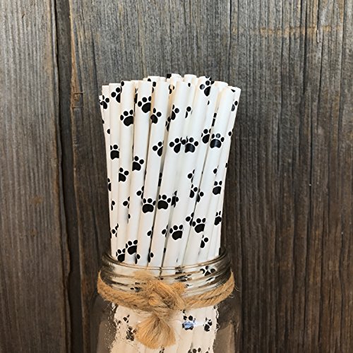 Dog Theme Paw Print Paper Drinking Straws - Black White - 7.75 Inches - 100 Pack - Outside the Box Papers Brand