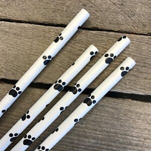 Dog Theme Paw Print Paper Drinking Straws - Black White - 7.75 Inches - 100 Pack - Outside the Box Papers Brand