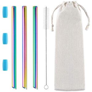 3 pcs reusable boba straws & smoothie straws, 0.5" wide stainless steel straws, angled tips metal straws for bubble tea, milkshakes, smoothies with cleanning brush & case (rainbow)