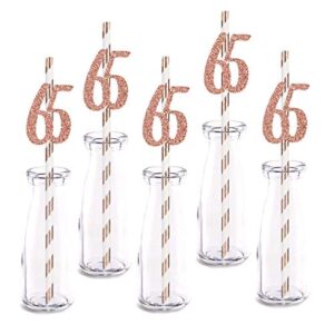 rose happy 65th birthday straw decor, rose gold glitter 24pcs cut-out number 65 party drinking decorative straws, supplies